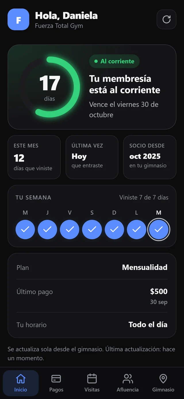 App del socio: 17 días de membresía, al corriente, sus visitas de la semana y su plan